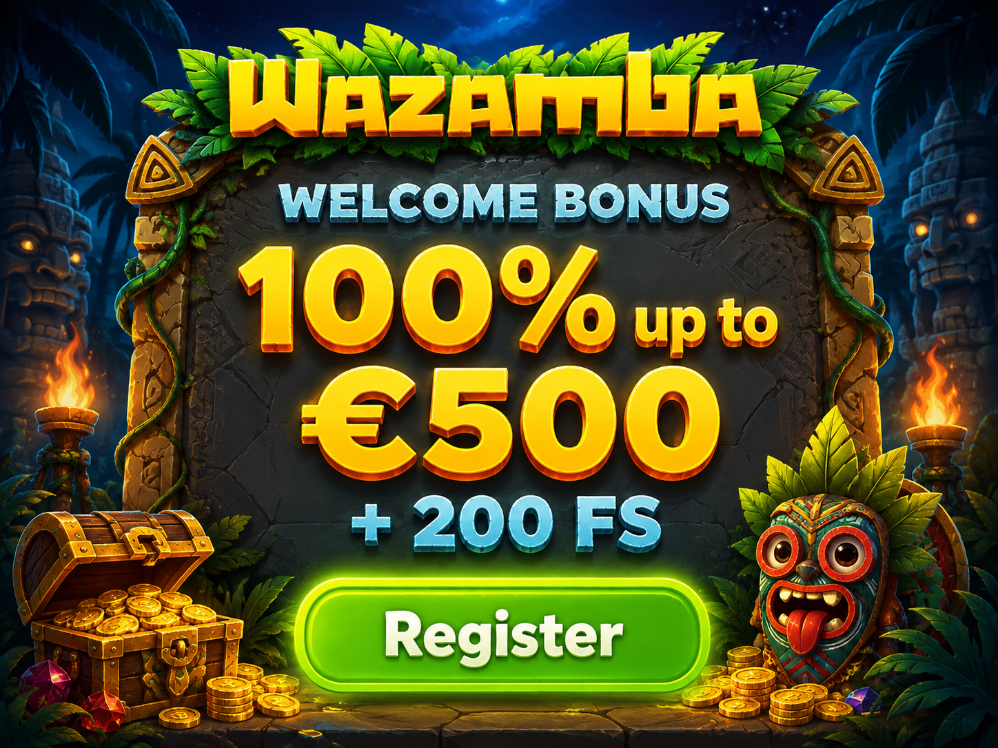 Ilustración de un cofre del tesoro que representa el bono de bienvenida y tiradas gratis de Wazamba