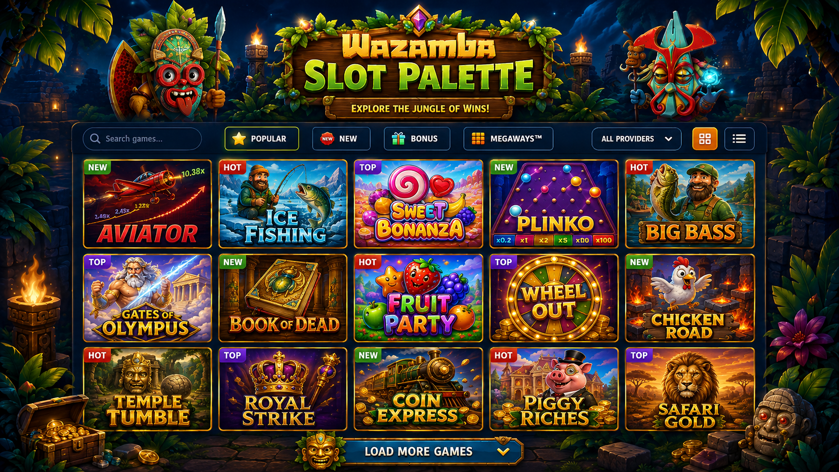 Cuadrícula estilizada de mosaicos de tragaperras y juegos en vivo de Wazamba en España