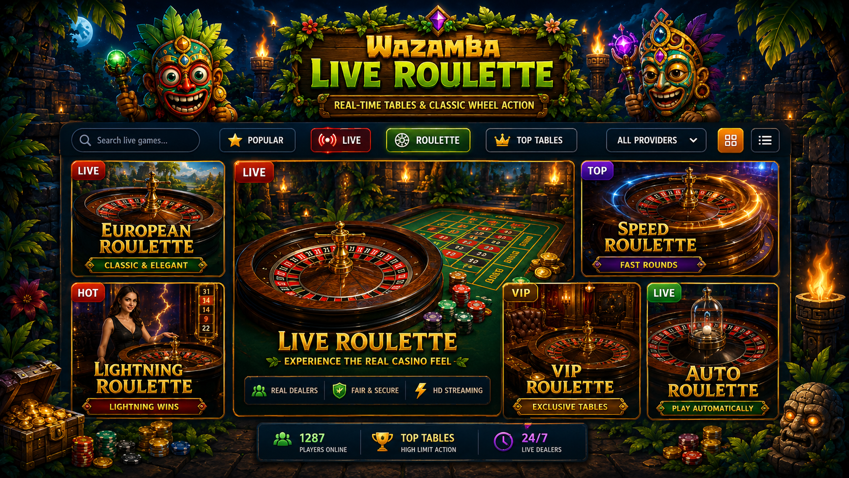 Ilustración de una ruleta en vivo y cartas de juego representando el casino en vivo de Wazamba